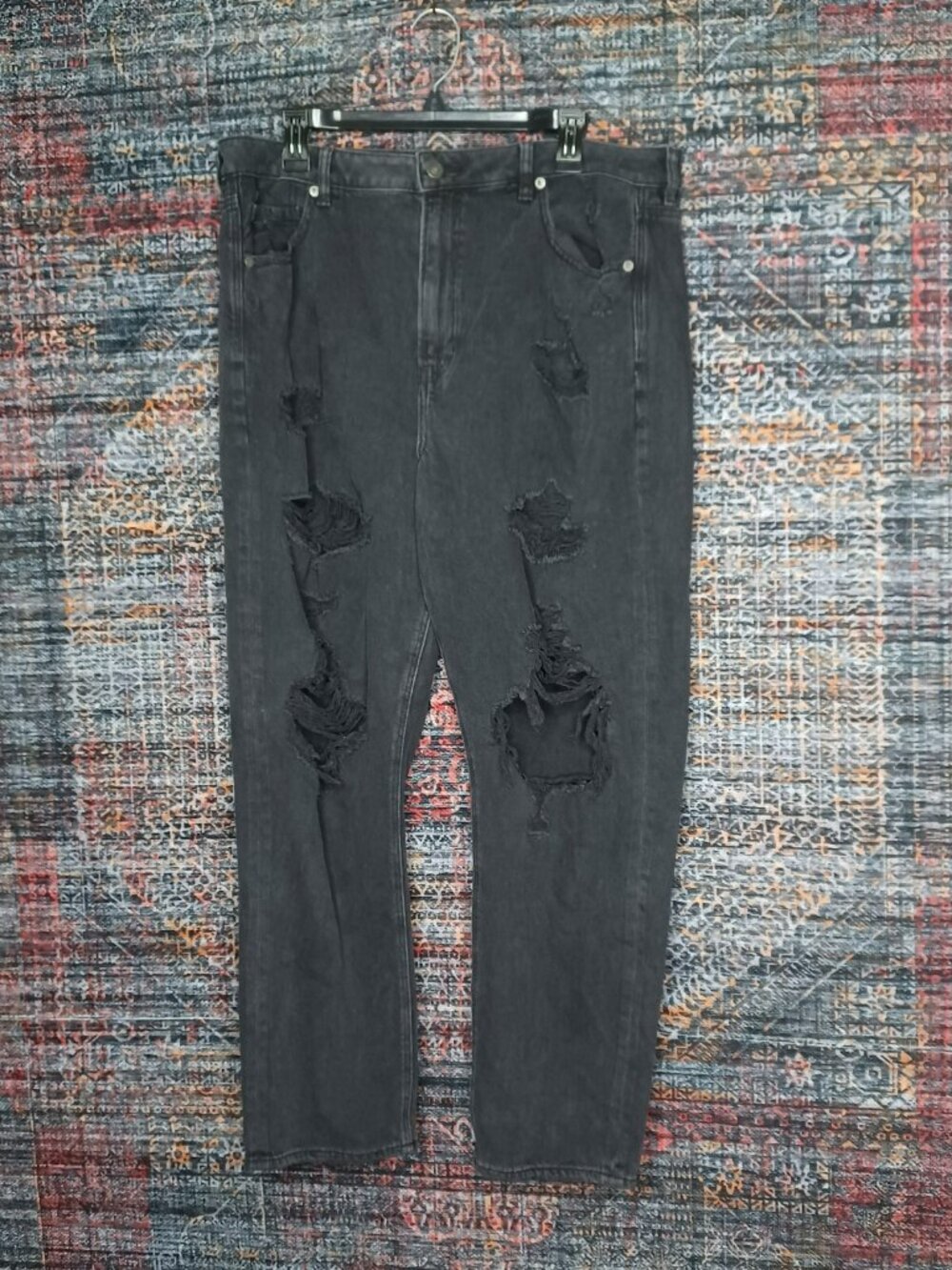American Eagle women charcoal distressed rips stretch high slim straigt jeans 18